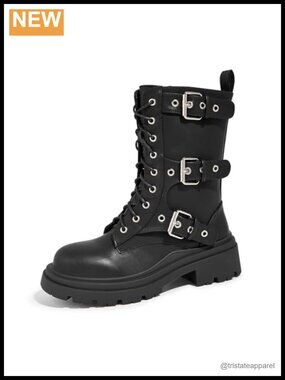 Chunky Combat Boots Mid Calf Side Zipper Buckle Gothic Platform Booties